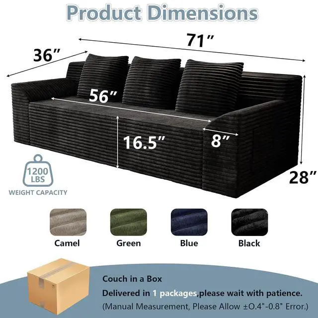 Alt view image 2 of 7 - 71"Cloud Loveseat Sofa,Modern 2-Seater Boneless Couch with 3 Pillows & Side Pocket,Soft Corduroy Loveseat,Compressed Foam,Deep Seat,No Assembly for Living Room,Bedroom,Apartment(Tilted Armrest,Black)
