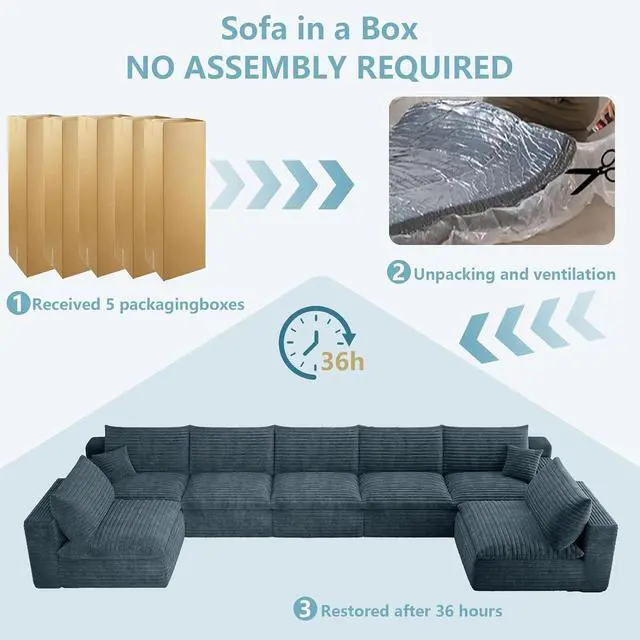 Alt view image 6 of 7 - 165" Oversized Cloud Sectional Couch with U-Shaped Chaise,7-Seater Corduroy Viral Boneless Sofa,Memory Foam Couches in a Box with Deep Seat for Living Room,No Assembly Required,Blue