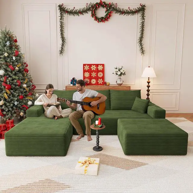 Alt view image 3 of 7 - 107" U Shaped Cloud Sectional Couch with Fluffy Corduroy, Deep Memory Foam Seats Sofa with 1 Ottoman for Living Room, No Assembly Required(Green,Left-Facing Chaise)