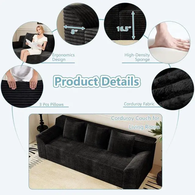 Alt view image 4 of 7 - 71"Cloud Loveseat Sofa,Modern 2-Seater Boneless Couch with 3 Pillows & Side Pocket,Soft Corduroy Loveseat,Compressed Foam,Deep Seat,No Assembly for Living Room,Bedroom,Apartment(Tilted Armrest,Black)
