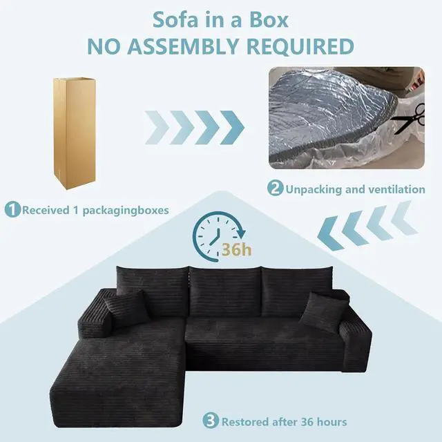Alt view image 7 of 7 - 95" Cloud Sectional Couch with L-Shape Chaise, Modern Corduroy Boneless Couch for Living Room,Memory Foam Sofa with Deep Seat,No Assembly Required (Black,Left-Facing Chaise)
