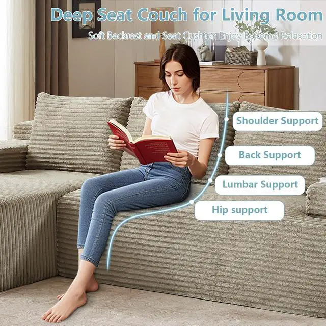 Alt view image 4 of 7 - 96" Boneless Couches for Living Room,Cloud Sectional Couch with L-Shape Chaise, Modular Corduroy Memory Foam Sofa with Deep Seat for Apartment, No Assembly Required(Camel,Left-Facing Chaise)
