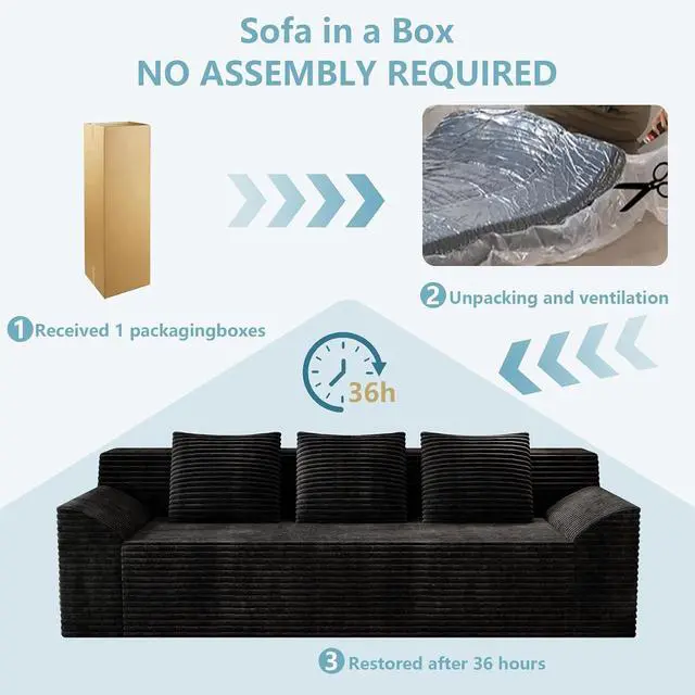 Alt view image 7 of 7 - 71"Cloud Loveseat Sofa,Modern 2-Seater Boneless Couch with 3 Pillows & Side Pocket,Soft Corduroy Loveseat,Compressed Foam,Deep Seat,No Assembly for Living Room,Bedroom,Apartment(Tilted Armrest,Black)
