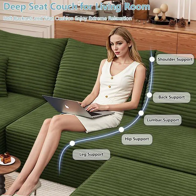Alt view image 4 of 7 - 107" U Shaped Cloud Sectional Couch with Fluffy Corduroy, Deep Memory Foam Seats Sofa with 1 Ottoman for Living Room, No Assembly Required(Green,Left-Facing Chaise)