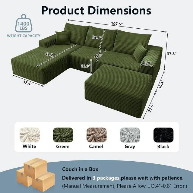 Alt view image 2 of 7 - 107" U Shaped Cloud Sectional Couch with Fluffy Corduroy, Deep Memory Foam Seats Sofa with 1 Ottoman for Living Room, No Assembly Required(Green,Left-Facing Chaise)