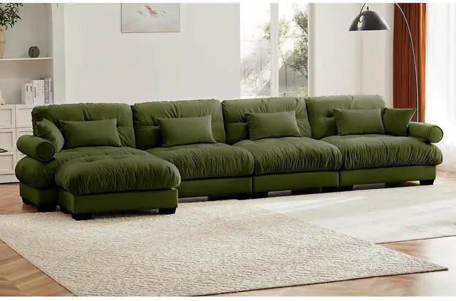 Alt view image 3 of 6 - 166"W Modular Sectional Sofa with Ottoman, Oversized 4-Seater Couch with Waist & Throw Pillows,Comfy Velvet Deep Seat Upholstered Sofa for Living Room,Apartment(Olive Green,4-Seater with Ottoman)