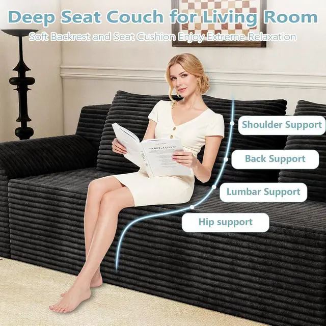 Alt view image 6 of 7 - 71"Cloud Loveseat Sofa,Modern 2-Seater Boneless Couch with 3 Pillows & Side Pocket,Soft Corduroy Loveseat,Compressed Foam,Deep Seat,No Assembly for Living Room,Bedroom,Apartment(Tilted Armrest,Black)