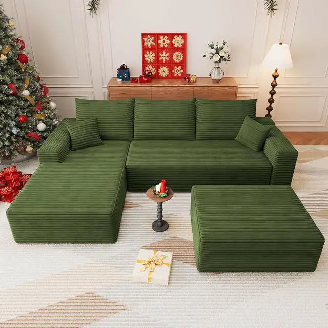 Alt view image 5 of 7 - 107" U Shaped Cloud Sectional Couch with Fluffy Corduroy, Deep Memory Foam Seats Sofa with 1 Ottoman for Living Room, No Assembly Required(Green,Left-Facing Chaise)