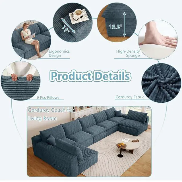 Alt view image 5 of 7 - 165" Oversized Cloud Sectional Couch with U-Shaped Chaise,7-Seater Corduroy Viral Boneless Sofa,Memory Foam Couches in a Box with Deep Seat for Living Room,No Assembly Required,Blue