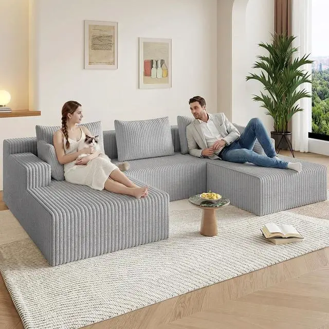 Alt view image 6 of 7 - 107" W Cloud Sectional Couch,Modern U-Shaped Cloud Couch with Deep Seat,Comfy Corduroy 3-Seater Sofa,Memory Foam Sofa for Living Room,No Assembly (Light Grey)