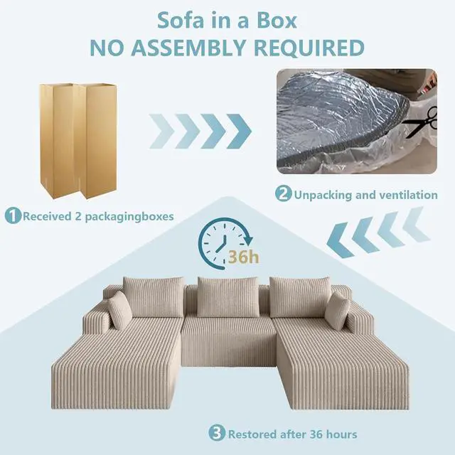 Alt view image 5 of 7 - 107" W Cloud Sectional Couch,Modern U-Shaped Cloud Couch with Deep Seat,Comfy Corduroy 3-Seater Sofa,Memory Foam Sofa for Living Room,No Assembly (Light Camel)
