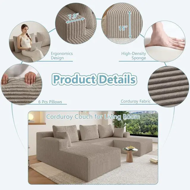Alt view image 4 of 7 - 107" W Cloud Sectional Couch,Modern U-Shaped Cloud Couch with Deep Seat,Comfy Corduroy 3-Seater Sofa,Memory Foam Sofa for Living Room,No Assembly (Light Camel)