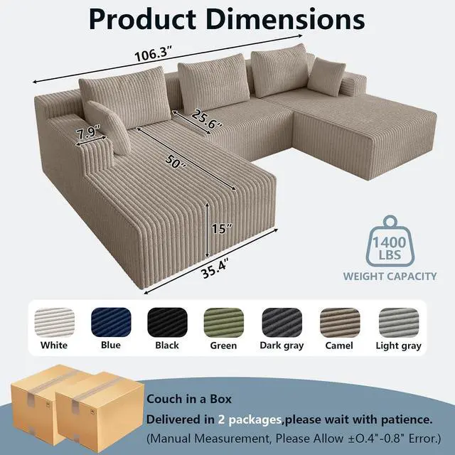 Alt view image 2 of 7 - 107" W Cloud Sectional Couch,Modern U-Shaped Cloud Couch with Deep Seat,Comfy Corduroy 3-Seater Sofa,Memory Foam Sofa for Living Room,No Assembly (Light Camel)