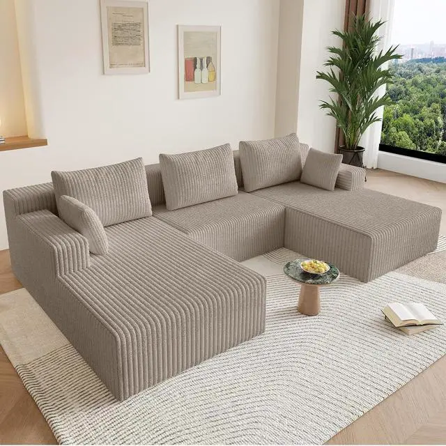 Alt view image 3 of 7 - 107" W Cloud Sectional Couch,Modern U-Shaped Cloud Couch with Deep Seat,Comfy Corduroy 3-Seater Sofa,Memory Foam Sofa for Living Room,No Assembly (Light Camel)