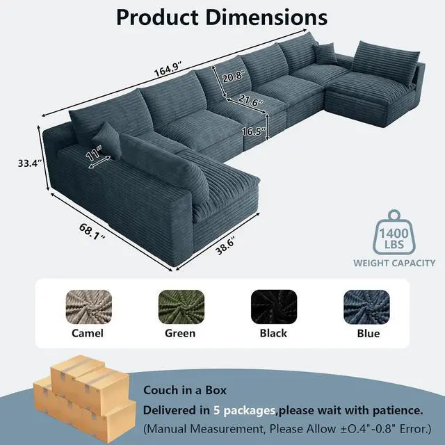 Alt view image 7 of 7 - 165" Oversized Cloud Sectional Couch with U-Shaped Chaise,7-Seater Corduroy Viral Boneless Sofa,Memory Foam Couches in a Box with Deep Seat for Living Room,No Assembly Required,Blue