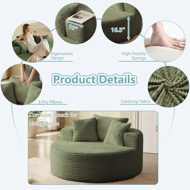 Alt view image 7 of 7 - 55'' Oversized Round Lounge Chaise Chair, Corduroy Upholstered Indoor Chaise, Cloud Circle Sleeper Sofa Bed for Reading, Living Room, Bedroom, Apartment, No Assembly Required, Green
