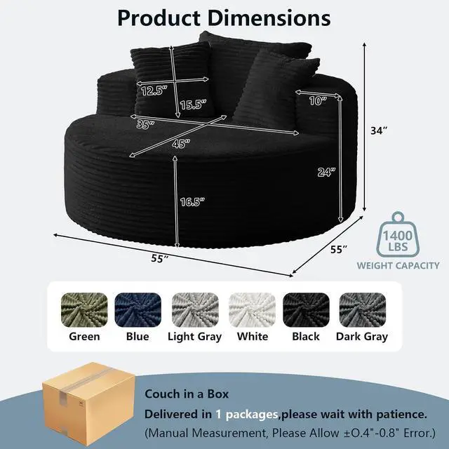 Alt view image 2 of 7 - 55'' Oversized Round Lounge Chaise Chair, Corduroy Upholstered Indoor Chaise, Cloud Circle Sleeper Sofa Bed for Reading, Living Room, Bedroom, Apartment, No Assembly Required, Black