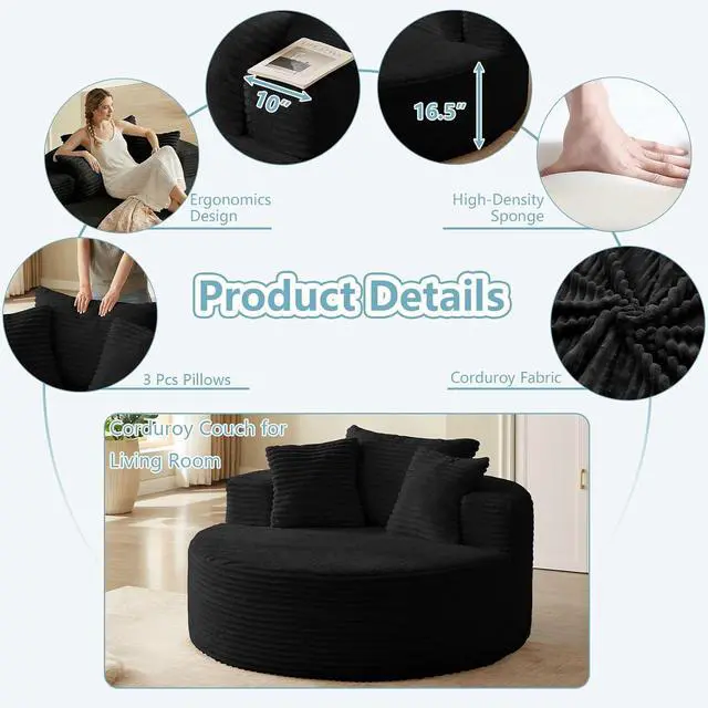 Alt view image 5 of 7 - 55'' Oversized Round Lounge Chaise Chair, Corduroy Upholstered Indoor Chaise, Cloud Circle Sleeper Sofa Bed for Reading, Living Room, Bedroom, Apartment, No Assembly Required, Black