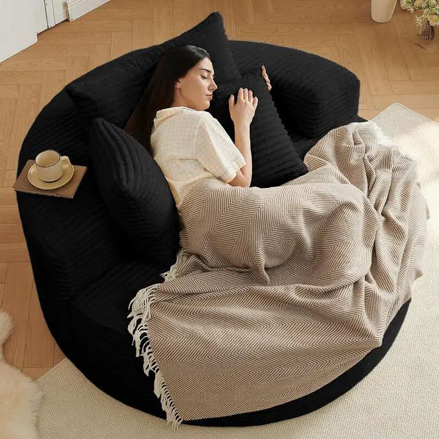 Alt view image 3 of 7 - 55'' Oversized Round Lounge Chaise Chair, Corduroy Upholstered Indoor Chaise, Cloud Circle Sleeper Sofa Bed for Reading, Living Room, Bedroom, Apartment, No Assembly Required, Black