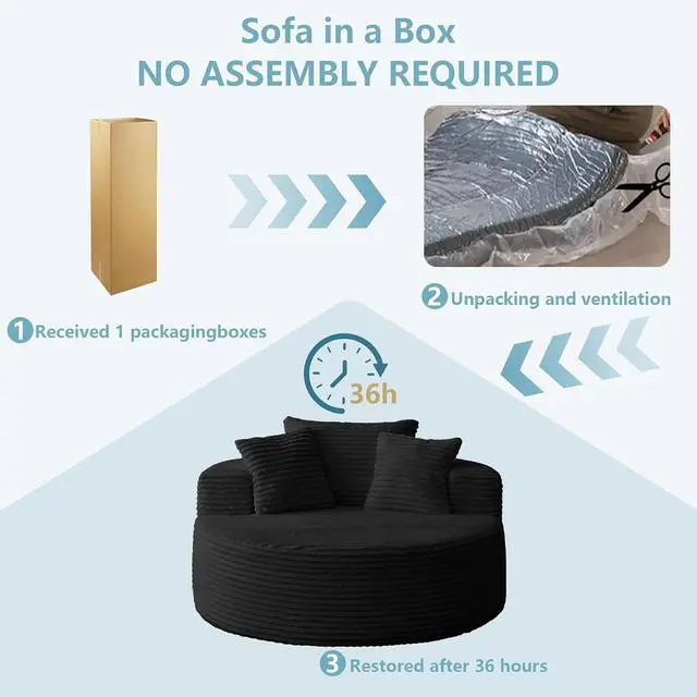 Alt view image 7 of 7 - 55'' Oversized Round Lounge Chaise Chair, Corduroy Upholstered Indoor Chaise, Cloud Circle Sleeper Sofa Bed for Reading, Living Room, Bedroom, Apartment, No Assembly Required, Black