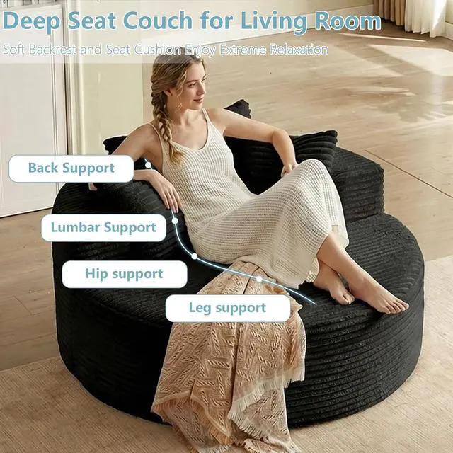 Alt view image 4 of 7 - 55'' Oversized Round Lounge Chaise Chair, Corduroy Upholstered Indoor Chaise, Cloud Circle Sleeper Sofa Bed for Reading, Living Room, Bedroom, Apartment, No Assembly Required, Black