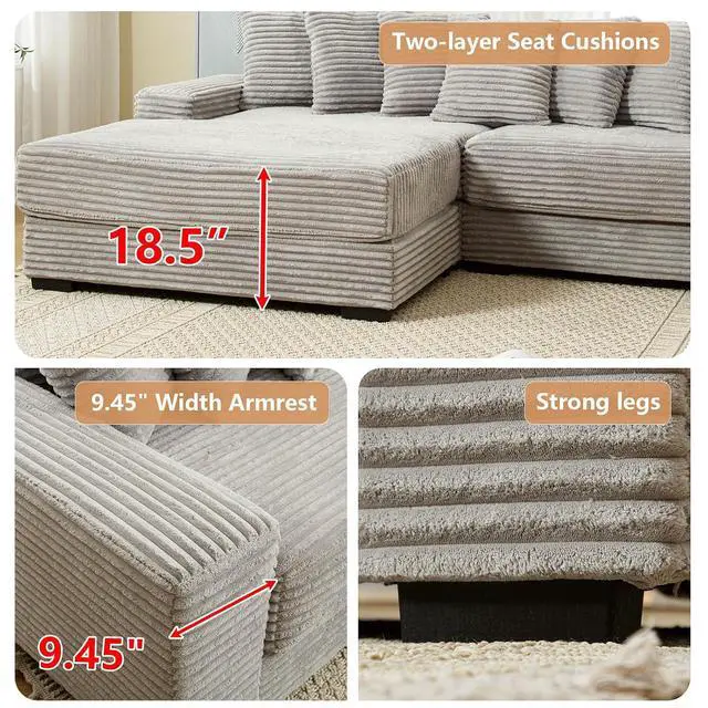 Alt view image 4 of 6 - 111" W Modular Sectional Sofa with 8 Pillows, Comfy Corduroy Cloud Couch with Chaise, L-Shaped Modern 3-Seater Sofa for Living Room or Apartment (Grey, Left-Facing Chaise)