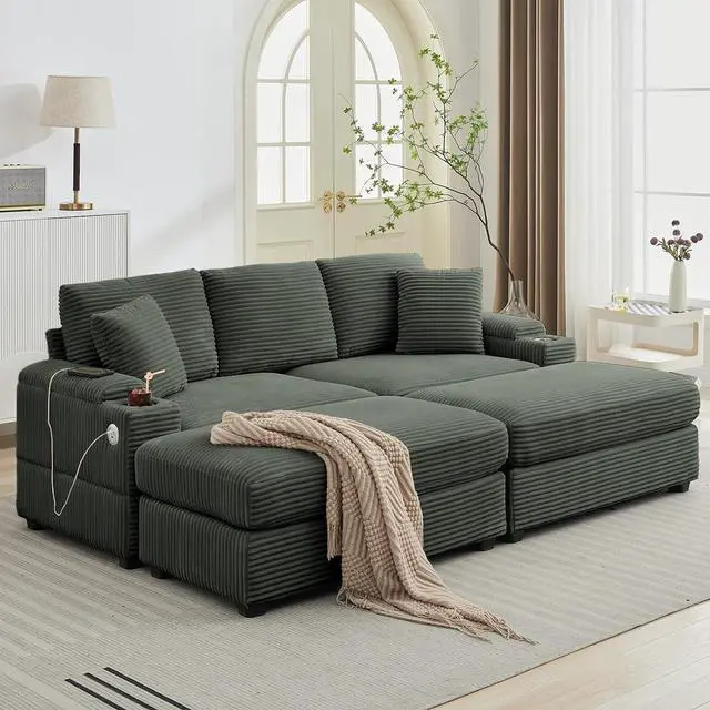 Main image of 86.61'' Oversized Double Chaise Lounge Chair Indoor with Ottoman & Armrest Storage, Comfy Corduroy Reclining Chair with Cup Holder & USB Port, Lazy Sleeper Sofa for Living Room and Bedroom (Green)