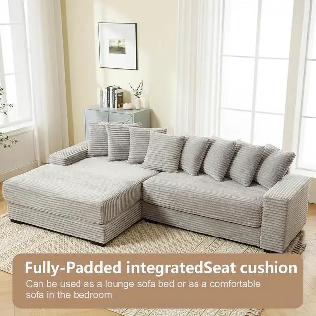 Alt view image 6 of 6 - 111" W Modular Sectional Sofa with 8 Pillows, Comfy Corduroy Cloud Couch with Chaise, L-Shaped Modern 3-Seater Sofa for Living Room or Apartment (Grey, Left-Facing Chaise)