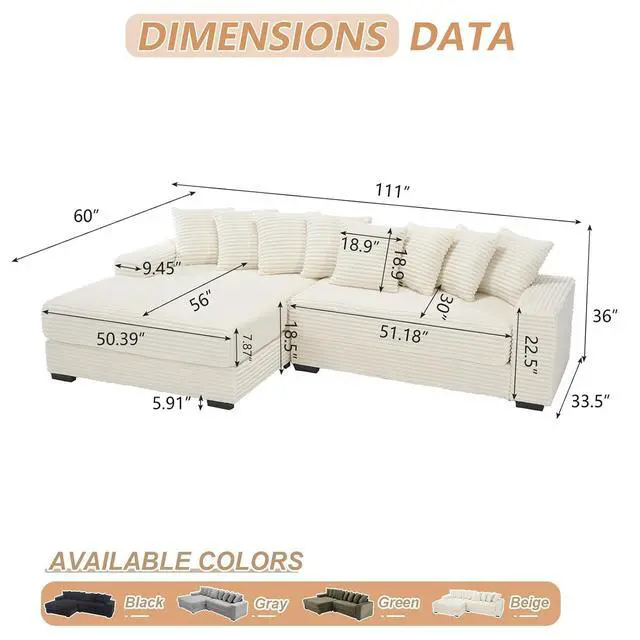 Alt view image 2 of 6 - 111" W Modular Sectional Sofa with 8 Pillows, Comfy Corduroy Cloud Couch with Chaise, L-Shaped Modern 3-Seater Sofa for Living Room or Apartment (Beige, Left-Facing Chaise)