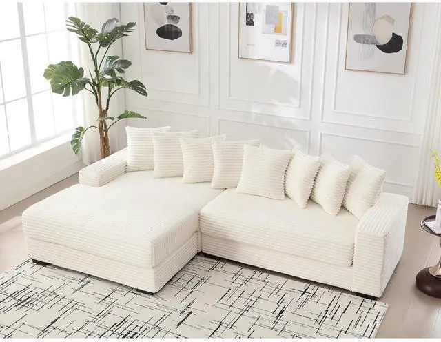 Main image of 111" W Modular Sectional Sofa with 8 Pillows, Comfy Corduroy Cloud Couch with Chaise, L-Shaped Modern 3-Seater Sofa for Living Room or Apartment (Beige, Left-Facing Chaise)