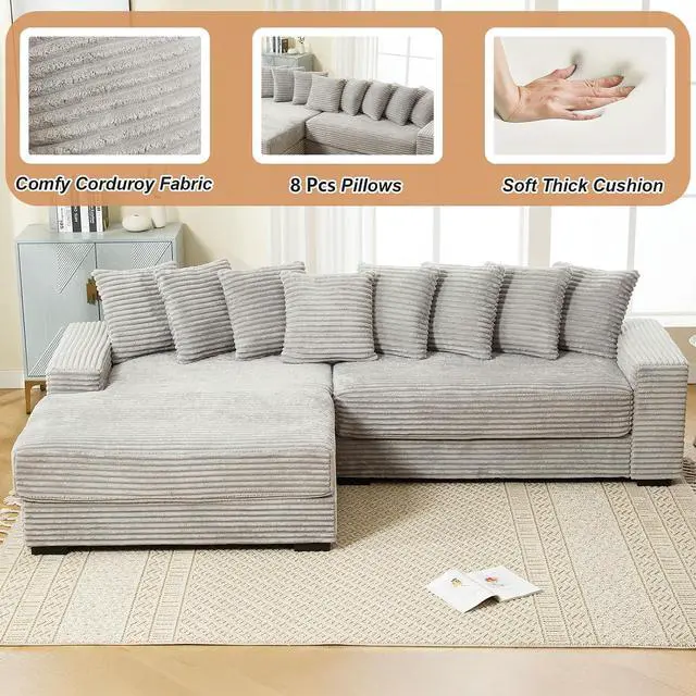 Alt view image 3 of 6 - 111" W Modular Sectional Sofa with 8 Pillows, Comfy Corduroy Cloud Couch with Chaise, L-Shaped Modern 3-Seater Sofa for Living Room or Apartment (Grey, Left-Facing Chaise)