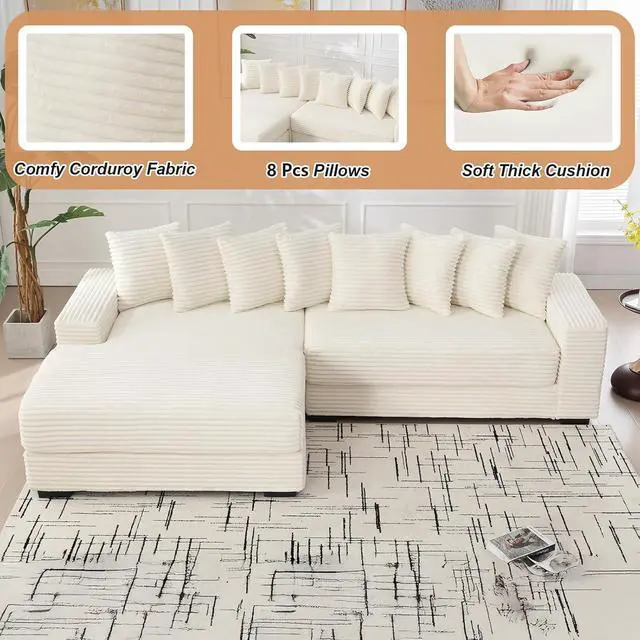 Alt view image 3 of 6 - 111" W Modular Sectional Sofa with 8 Pillows, Comfy Corduroy Cloud Couch with Chaise, L-Shaped Modern 3-Seater Sofa for Living Room or Apartment (Beige, Left-Facing Chaise)