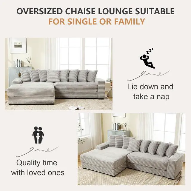Alt view image 5 of 6 - 111" W Modular Sectional Sofa with 8 Pillows, Comfy Corduroy Cloud Couch with Chaise, L-Shaped Modern 3-Seater Sofa for Living Room or Apartment (Grey, Left-Facing Chaise)