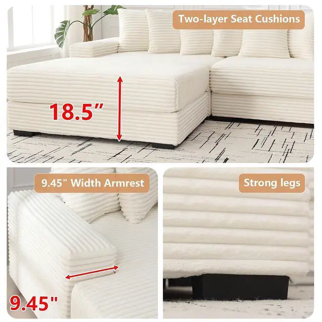 Alt view image 4 of 6 - 111" W Modular Sectional Sofa with 8 Pillows, Comfy Corduroy Cloud Couch with Chaise, L-Shaped Modern 3-Seater Sofa for Living Room or Apartment (Beige, Left-Facing Chaise)