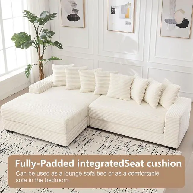 Alt view image 6 of 6 - 111" W Modular Sectional Sofa with 8 Pillows, Comfy Corduroy Cloud Couch with Chaise, L-Shaped Modern 3-Seater Sofa for Living Room or Apartment (Beige, Left-Facing Chaise)