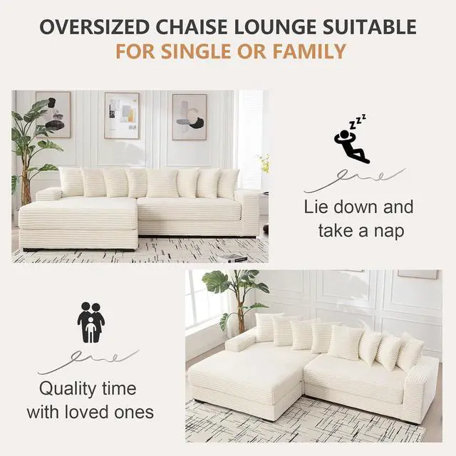 Alt view image 5 of 6 - 111" W Modular Sectional Sofa with 8 Pillows, Comfy Corduroy Cloud Couch with Chaise, L-Shaped Modern 3-Seater Sofa for Living Room or Apartment (Beige, Left-Facing Chaise)