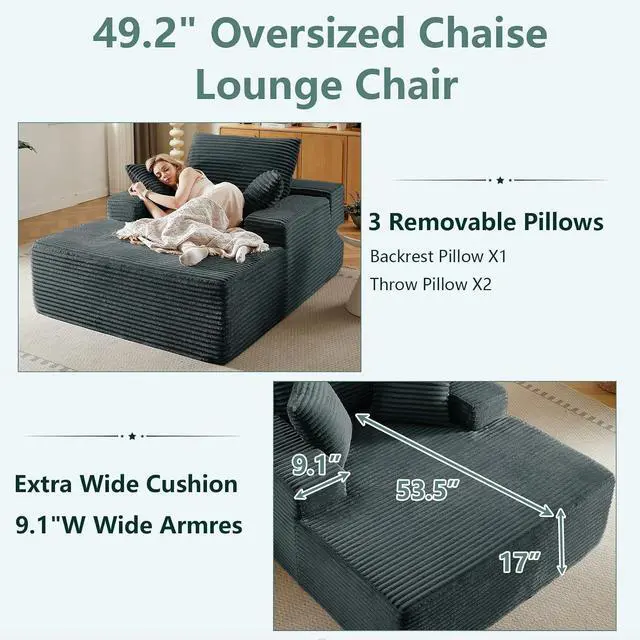 Alt view image 4 of 7 - 50"Oversized Chaise Lounge Chair Indoor,Corduroy Boneless Reading Chair with 3 Pillows,Deep Seat Cloud Sofa Bed,Comfy Modern Sleeper Chairs in Box for Living Room Bedroom,No Assembly(Dark Grey)