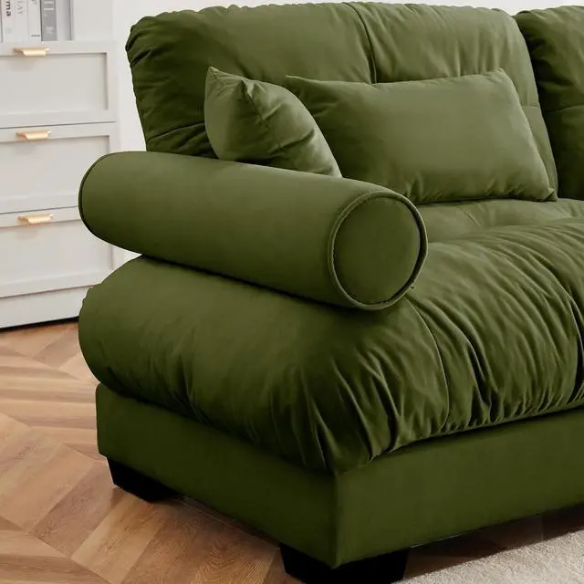 Alt view image 6 of 6 - 166" Modular Sectional Sofa, Oversized 4-Seater Velvet Cloud Couch with Waist & Throw Pillows, Deep Seat Upholstered Sofa for Living Room, Bedroom & Small Spaces (Olive Green, 4-Seater)