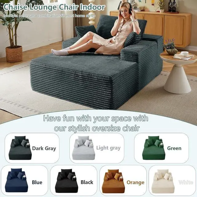 Alt view image 5 of 7 - 50"Oversized Chaise Lounge Chair Indoor,Corduroy Boneless Reading Chair with 3 Pillows,Deep Seat Cloud Sofa Bed,Comfy Modern Sleeper Chairs in Box for Living Room Bedroom,No Assembly(Dark Grey)