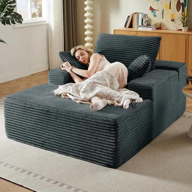 Alt view image 7 of 7 - 50"Oversized Chaise Lounge Chair Indoor,Corduroy Boneless Reading Chair with 3 Pillows,Deep Seat Cloud Sofa Bed,Comfy Modern Sleeper Chairs in Box for Living Room Bedroom,No Assembly(Dark Grey)