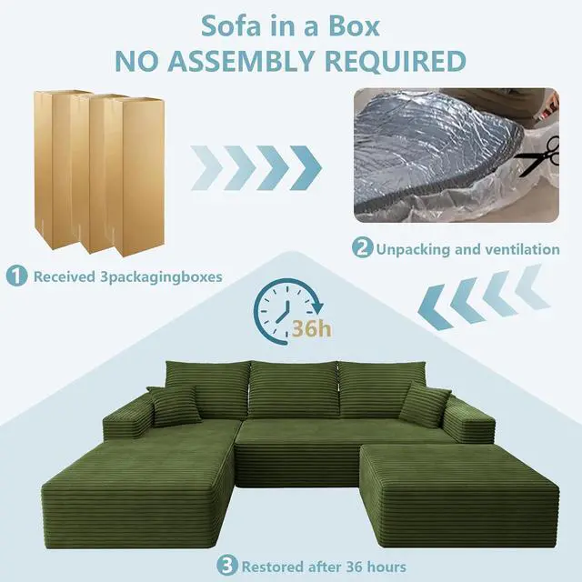 Alt view image 7 of 7 - 107" U Shaped Cloud Sectional Couch with Fluffy Corduroy, Deep Memory Foam Seats Sofa with 1 Ottoman for Living Room, No Assembly Required(Green,Left-Facing Chaise)
