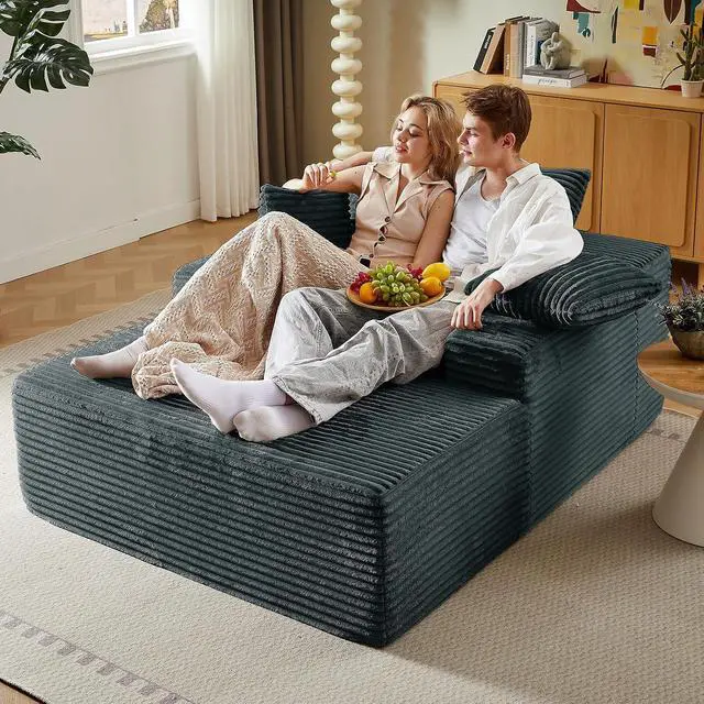 Alt view image 6 of 7 - 50"Oversized Chaise Lounge Chair Indoor,Corduroy Boneless Reading Chair with 3 Pillows,Deep Seat Cloud Sofa Bed,Comfy Modern Sleeper Chairs in Box for Living Room Bedroom,No Assembly(Dark Grey)