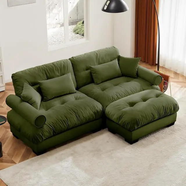 Main image of 93.7" Oversized Loveseat Sofa with Ottoman, Modern Velvet 2-Seat Couch with Waist & Throw Pillows, Upholstered Deep Seat Cloud Couch for Living Room, Bedroom (Olive Green,2 Seater with Ottoman)