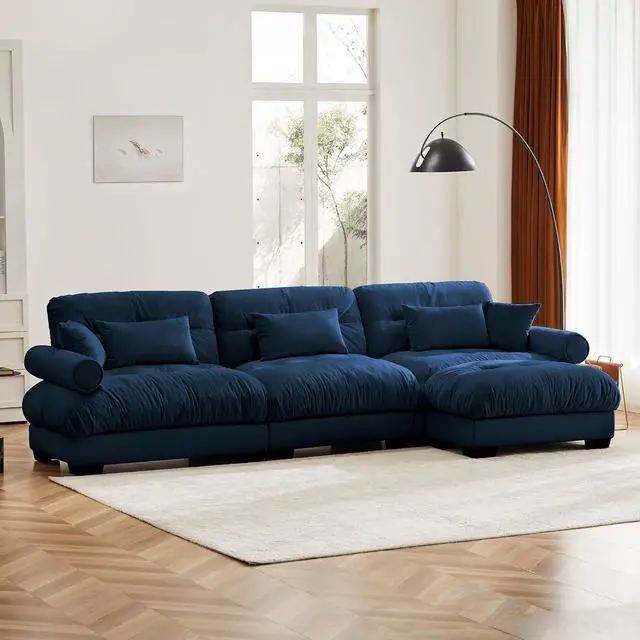 Alt view image 6 of 6 - 130" W Modular Sectional Sofa with Ottoman, Oversized 3-Seater Couch with Waist & Throw Pillows, Comfy Velvet Deep Seat Upholstered Sofa for Living Room, Apartment(Blue,3-Seater with Ottoman)