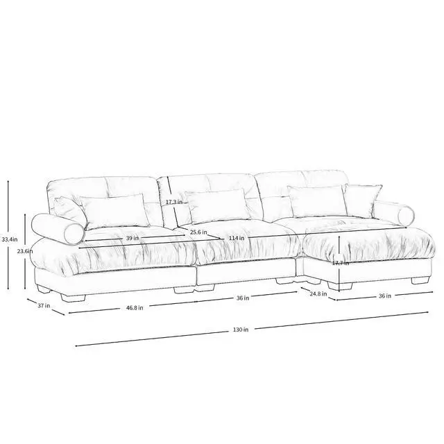 Alt view image 2 of 6 - 130" W Modular Sectional Sofa with Ottoman, Oversized 3-Seater Couch with Waist & Throw Pillows, Comfy Velvet Deep Seat Upholstered Sofa for Living Room, Apartment(Blue,3-Seater with Ottoman)