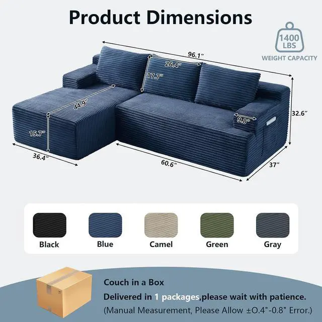 Alt view image 2 of 7 - 96" Cloud Sectional Couch with L-Shape Chaise, Modern Corduroy Boneless Couch for Living Room,Memory Foam Sofa with Deep Seat,No Assembly Required (Blue,Left-Facing Chaise)