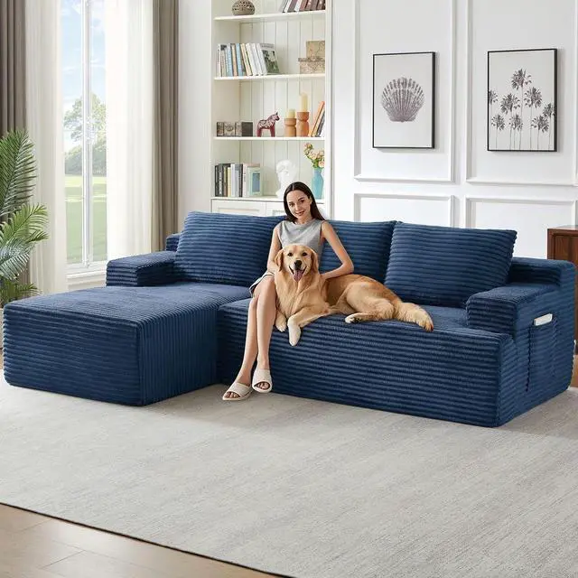Main image of 96" Cloud Sectional Couch with L-Shape Chaise, Modern Corduroy Boneless Couch for Living Room,Memory Foam Sofa with Deep Seat,No Assembly Required (Blue,Left-Facing Chaise)