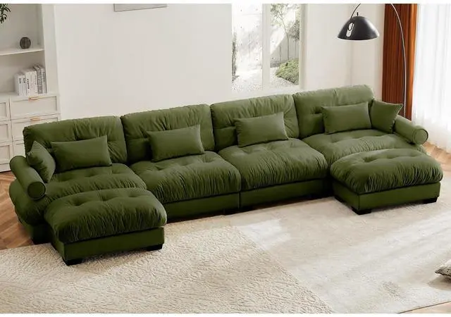 Main image of 166" Modular Sectional Sofa with 2 Ottomans,Oversized 4-Seater Couch with Waist & Throw Pillows,Comfy Velvet Deep Seat Upholstered Sofa for Living Room,Apartment(Olive Green,4-Seater with 2 Ottomans)