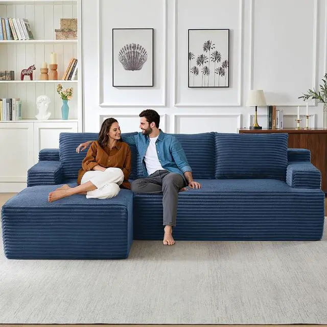 Alt view image 5 of 7 - 96" Cloud Sectional Couch with L-Shape Chaise, Modern Corduroy Boneless Couch for Living Room,Memory Foam Sofa with Deep Seat,No Assembly Required (Blue,Left-Facing Chaise)