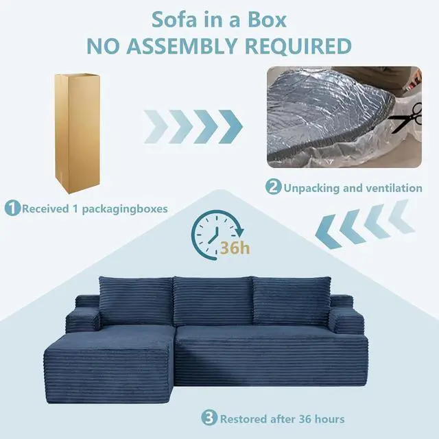 Alt view image 6 of 7 - 96" Cloud Sectional Couch with L-Shape Chaise, Modern Corduroy Boneless Couch for Living Room,Memory Foam Sofa with Deep Seat,No Assembly Required (Blue,Left-Facing Chaise)